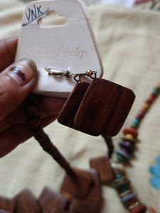 Wooden Square Pendant Necklace &amp; Earrings Set