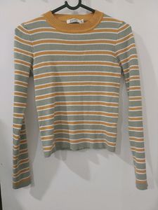 Women Mock Neck Yellow Stripes Sweater