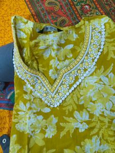 Vibrant Yellow Floral Kurta pant dupta set
