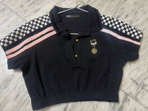 Black Cropped Polo Shirt with Chequered Sleeves
