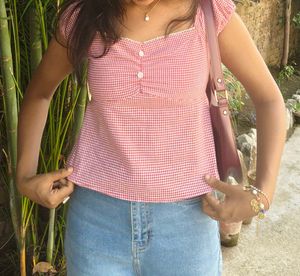 Littlebox Red Gingham Sweetheart Neck Top
