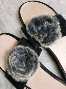 Black Faux Fur Slides