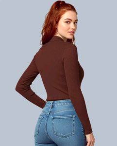 Brown Long Sleeve Top with Zipper Detail