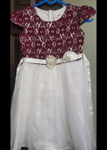 Burgundy & White Party Dress Frock For Girls