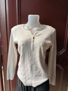 Cream Ribbed Henley Long Sleeve Top