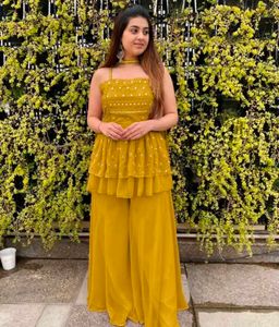Elegant Yellow Tiered Kurta Set with Palazzo