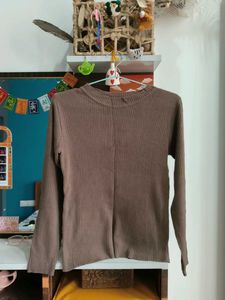 Brown Ribbed Long Sleeve Top