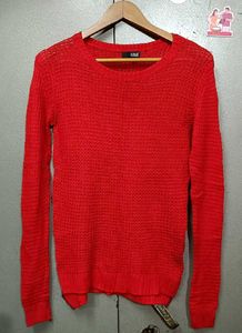 Vibrant Red Textured Crochet Knit Sweater