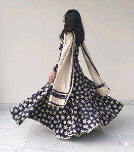 NAVY BLUE EMBROIDED KURTA-LEHNGA SET
