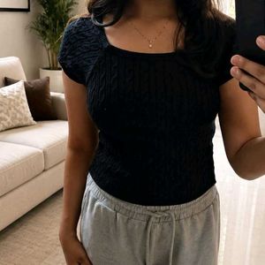 Chic Black Knit Square Neck Top