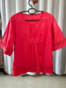 Vibrant Red Cotton Kurti with Lace Detail