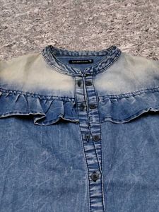 Denim Ruffled Button-Down Shirt