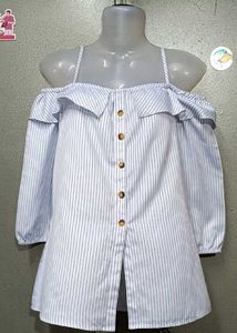 Blue Striped Doll Collar Off-Shoulder Top