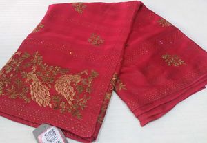Stunning Red Saree with Golden Peacock Embroidery