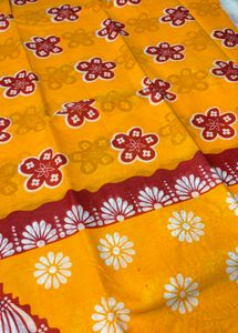 Yellow Red Mulmul Cotton Saree
