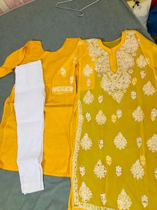 lucknawi chikenkari Yellow Embroidered Kurta Set