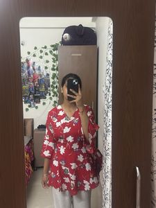 Red Floral Ruffle Sleeve Wrap Top