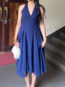 Elegant Navy Blue Halter Dress