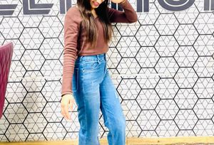 Brown V-Neck Long Sleeve Top