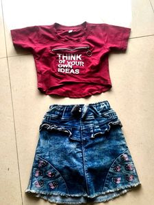 Cute Girls T-shirt & Denim Skirt Set
