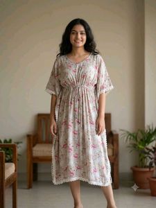 Floral Kaftan Dress with Lace Trim