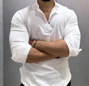 Men's White Textured Band Collar Shirt