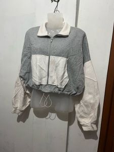 Grey &amp; White Cropped Zip-Up Jacket