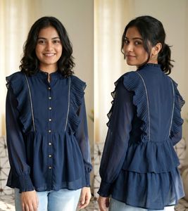 Navy Blue Ruffled Peplum Top