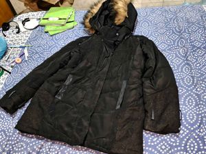 Black Puffer Coat with Faux Fur Hood men or women