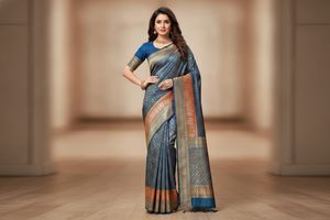 New Elegant Blue & Orange Brocade Saree