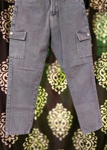 grey washed cargo denim jeans