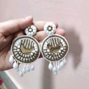 White & Gold Beaded Statement Earrings