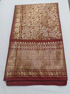 Maroon &amp; Gold Brocade Silk Saree