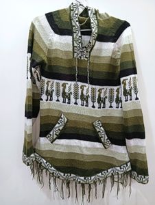 Multi Green Colour Woolen Hoodie Top