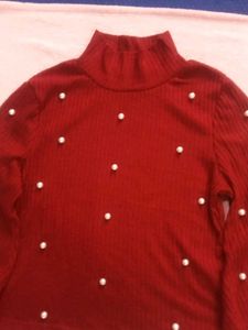Chic Red Pearl Embellished Sweater