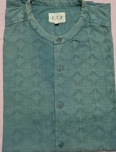 Men's Teal Textured Band Collar Shirt