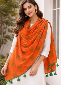 Orange Printed Dupatta with Tassels – Ethnic &amp; Sty