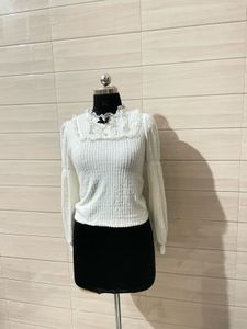 korean Pintresty Cream Textured Puff Sleeve Top
