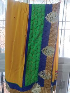 Vibrant Yellow Saree with Green & Blue Border