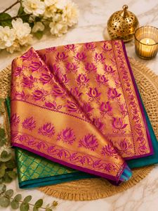 Elegant Green &amp; Gold Designer Silk Saree with Lotu