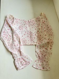 Floral Smocked Crop Top with Puff Sleeves