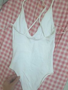 Zara White Plunge Neck Bodysuit