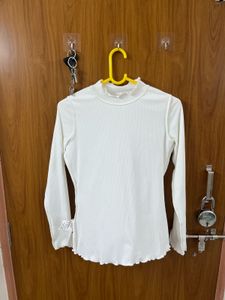 White Ribbed Mock Neck Long Sleeve Top