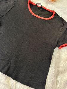 Black Ribbed T-Shirt with Contrast Trim