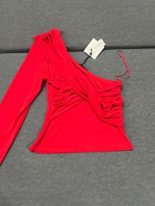 Red One-Shoulder Ruched Top