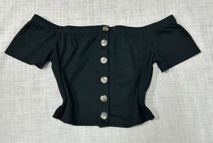 Black Off-Shoulder Button-Up Top