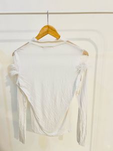 White Top with Mesh neck Fur Trim