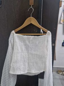 White Sheer Lace Trim Puff Sleeve Top