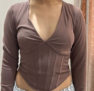 Brown Corset Detail Long Sleeve Top