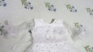 Girls White Star Print Net Frock with Ruffle Sleev